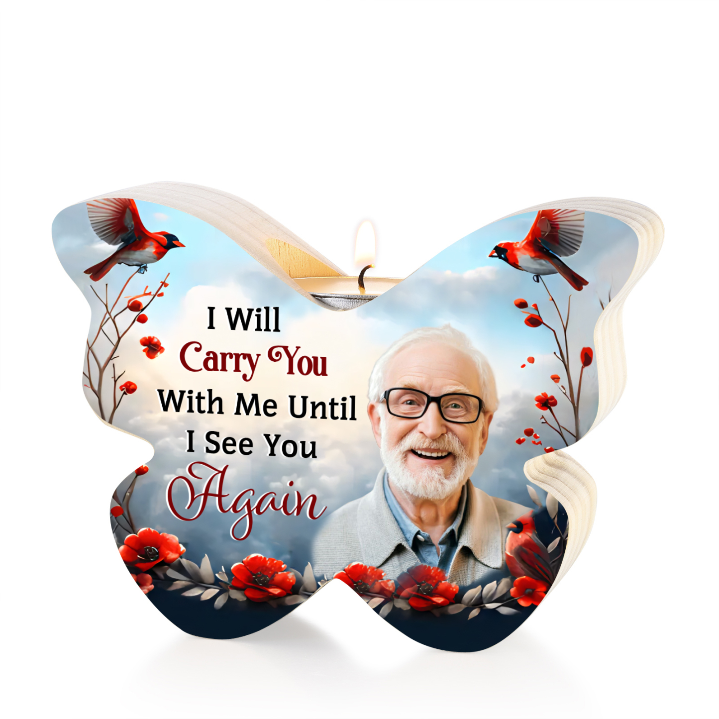 I Will Carry You With Me Until I See You Again Personalized Butterfly Memorial Candle Holder with Custom Photo