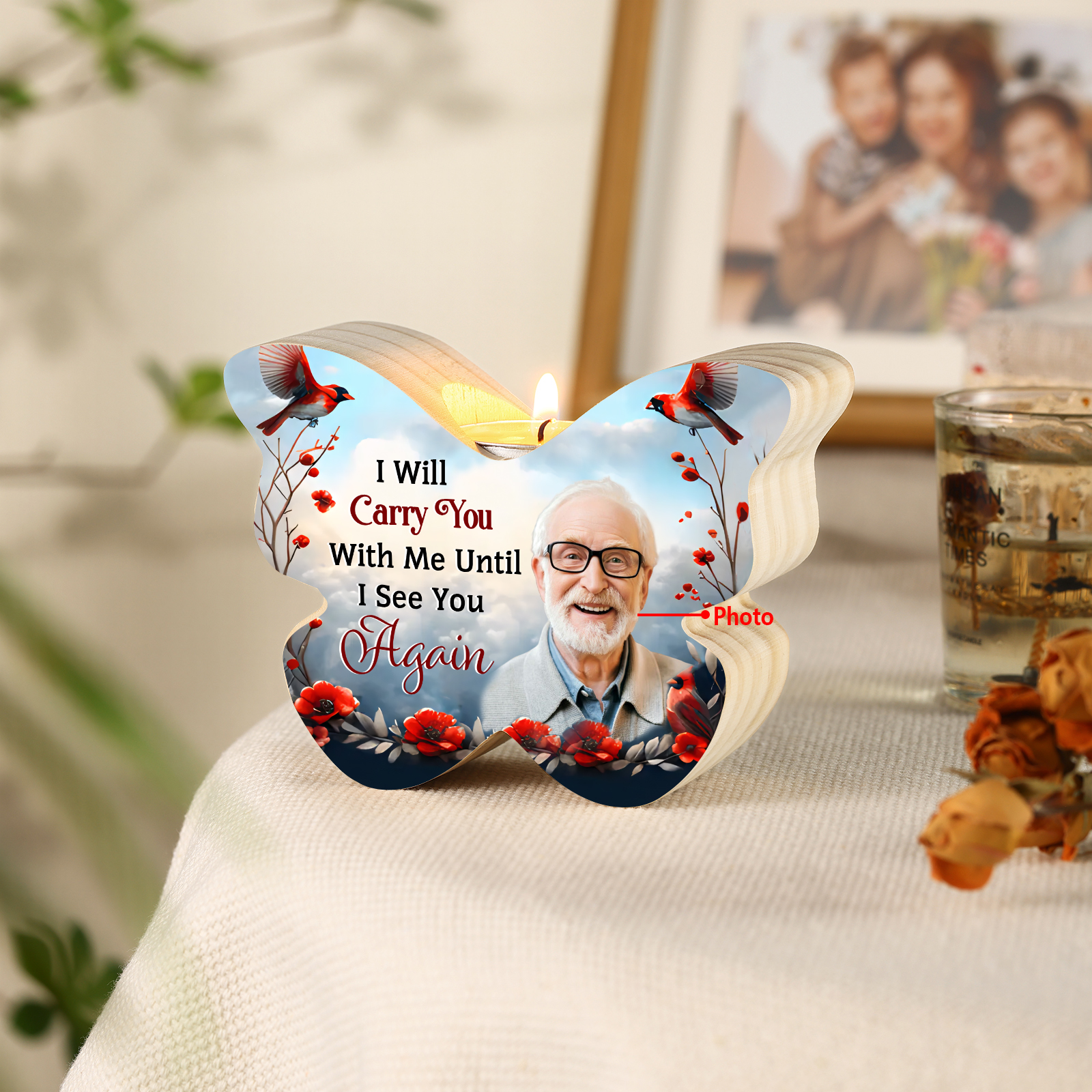 I Will Carry You With Me Until I See You Again Personalized Butterfly Memorial Candle Holder with Custom Photo