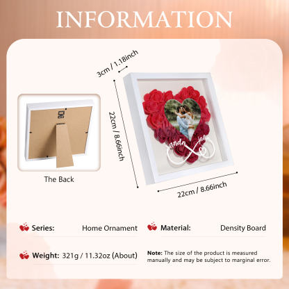 Personalized Photo Frame Heart Shaped with Red Rose and Infinity Design Custom 2 Names 1 Photo 1 Date Gift for Lover