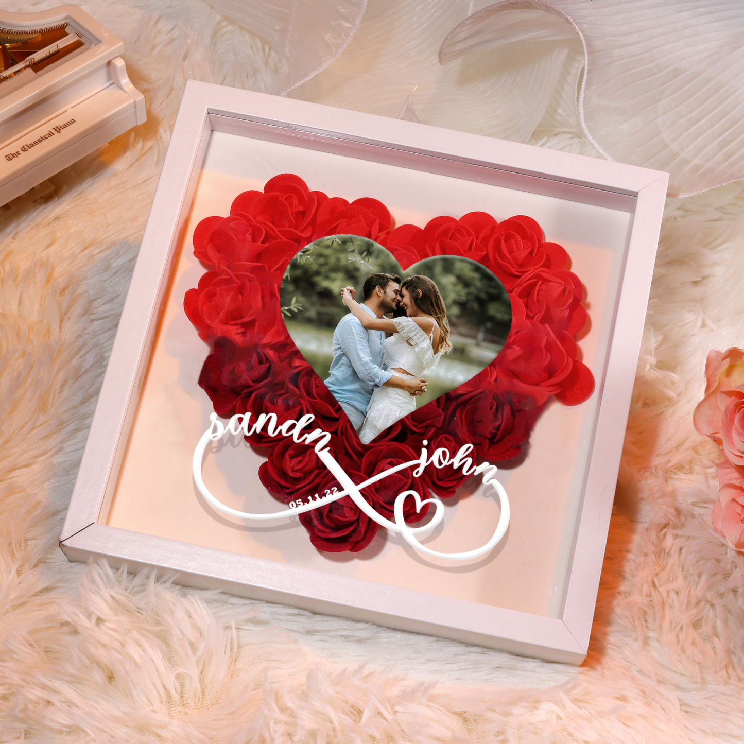 Personalized Photo Frame Heart Shaped with Red Rose and Infinity Design Custom 2 Names 1 Photo 1 Date Gift for Lover