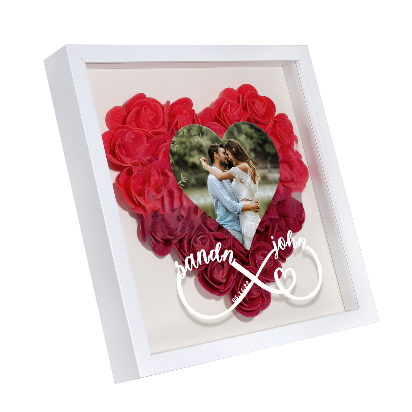 Personalized Photo Frame Heart Shaped with Red Rose and Infinity Design Custom 2 Names 1 Photo 1 Date Gift for Lover