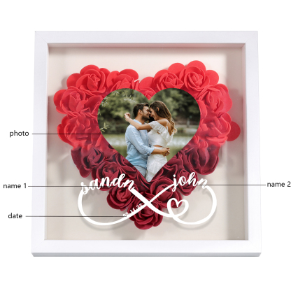Personalized Photo Frame Heart Shaped with Red Rose and Infinity Design Custom 2 Names 1 Photo 1 Date Gift for Lover