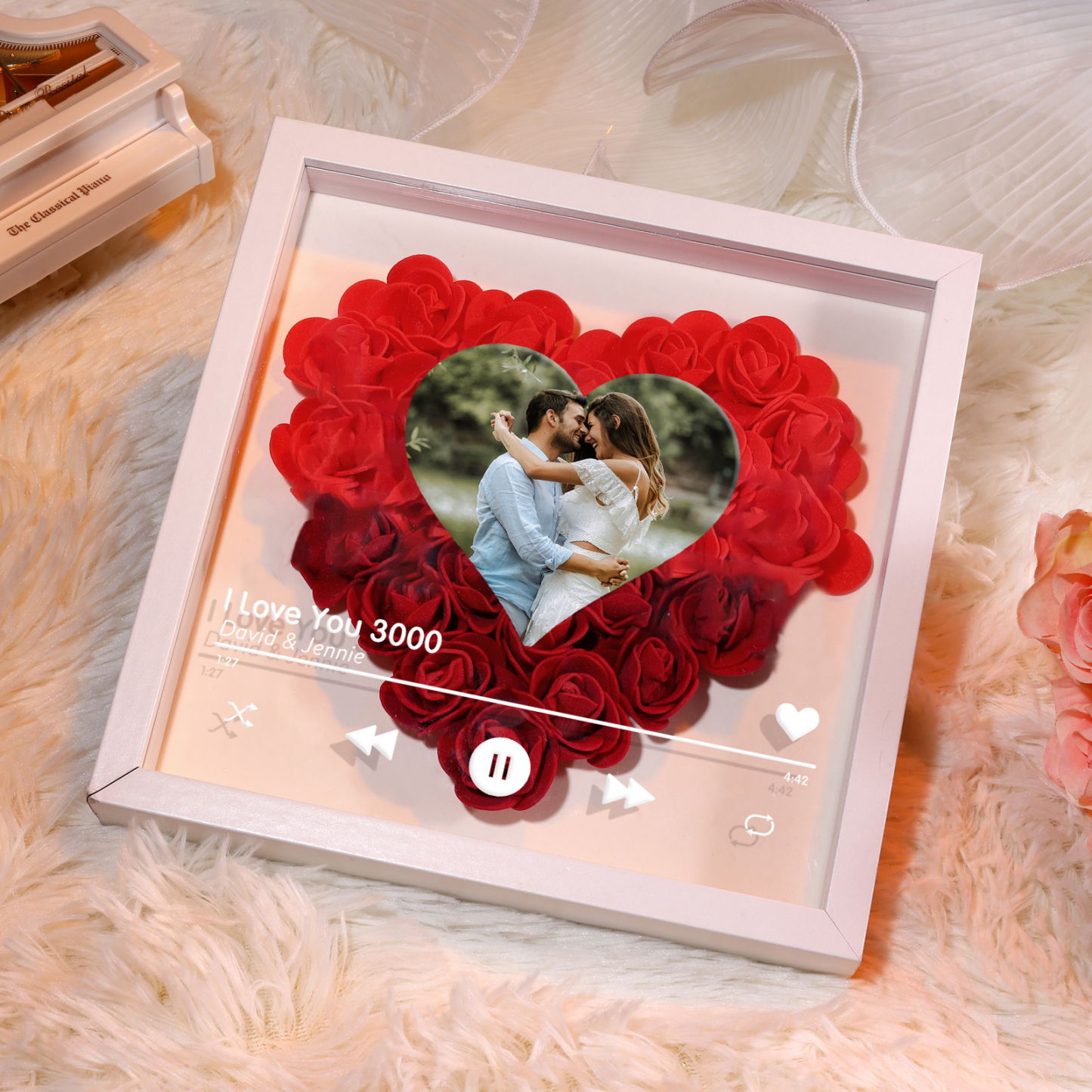 Personalized Photo Frame Heart Shaped with Red Rose and Couples Special Song Design Custom 2 Names 1 Photo1 Text Gift for Lover