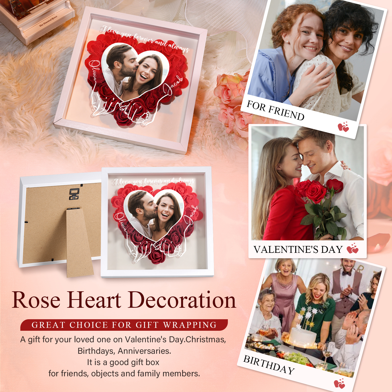 Personalized Heart Rose Frame with Photo Names & Message Perfect for Valentine