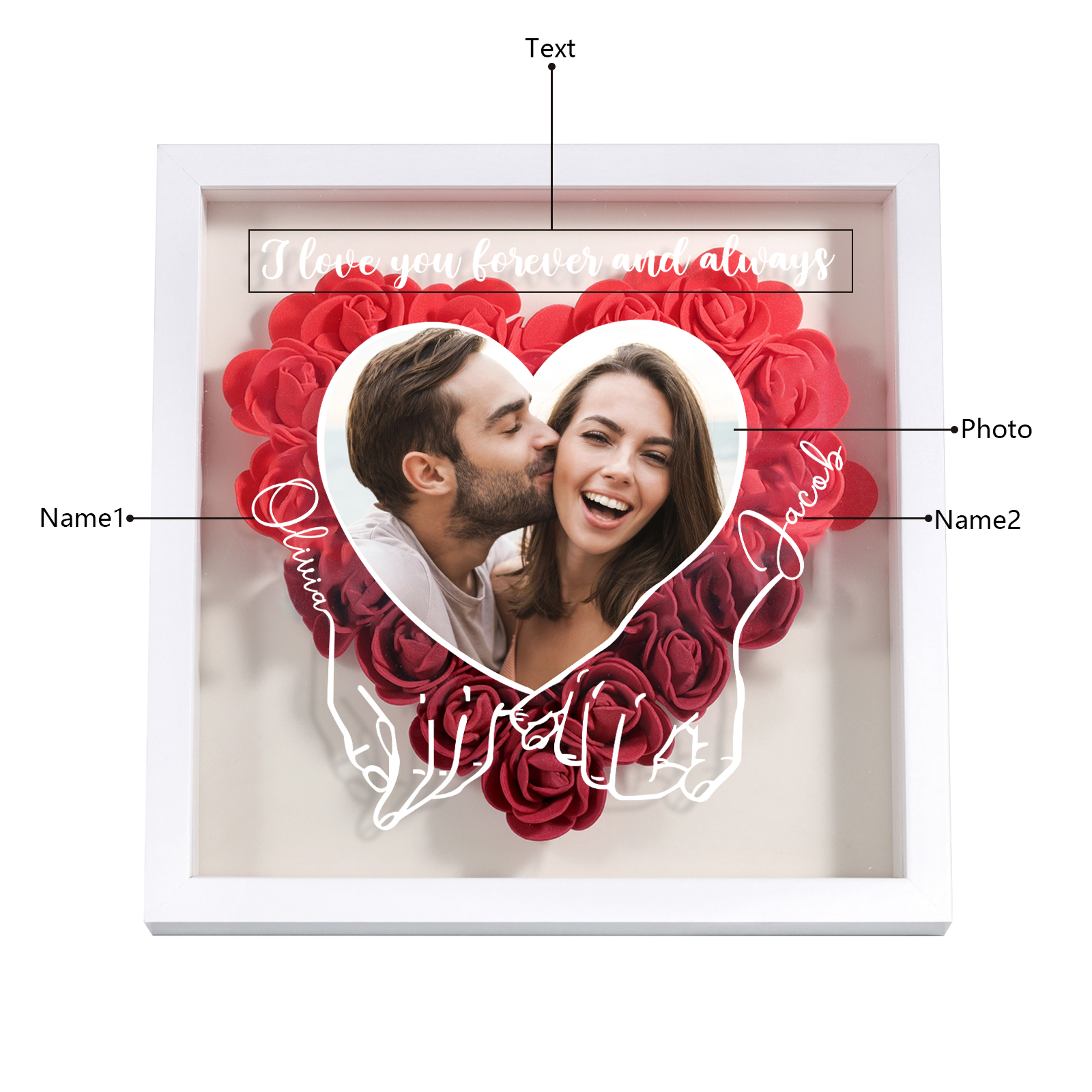 Personalized Heart Rose Frame with Photo Names & Message Perfect for Valentine