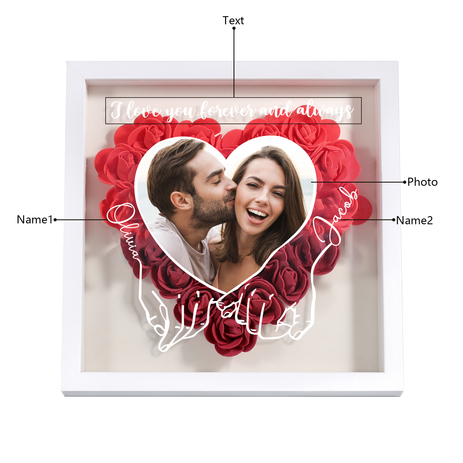 Personalized Heart Rose Frame with Photo Names & Message Perfect for Valentine