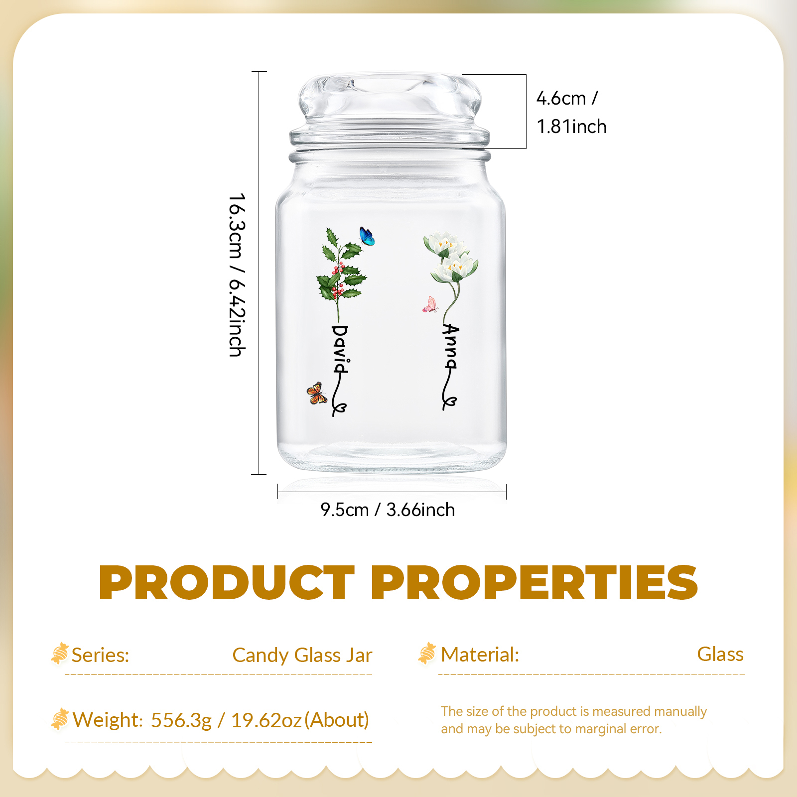 Personalized Candy Jar Customized 2 to 6 Names and Birth Flowers Gift for Family