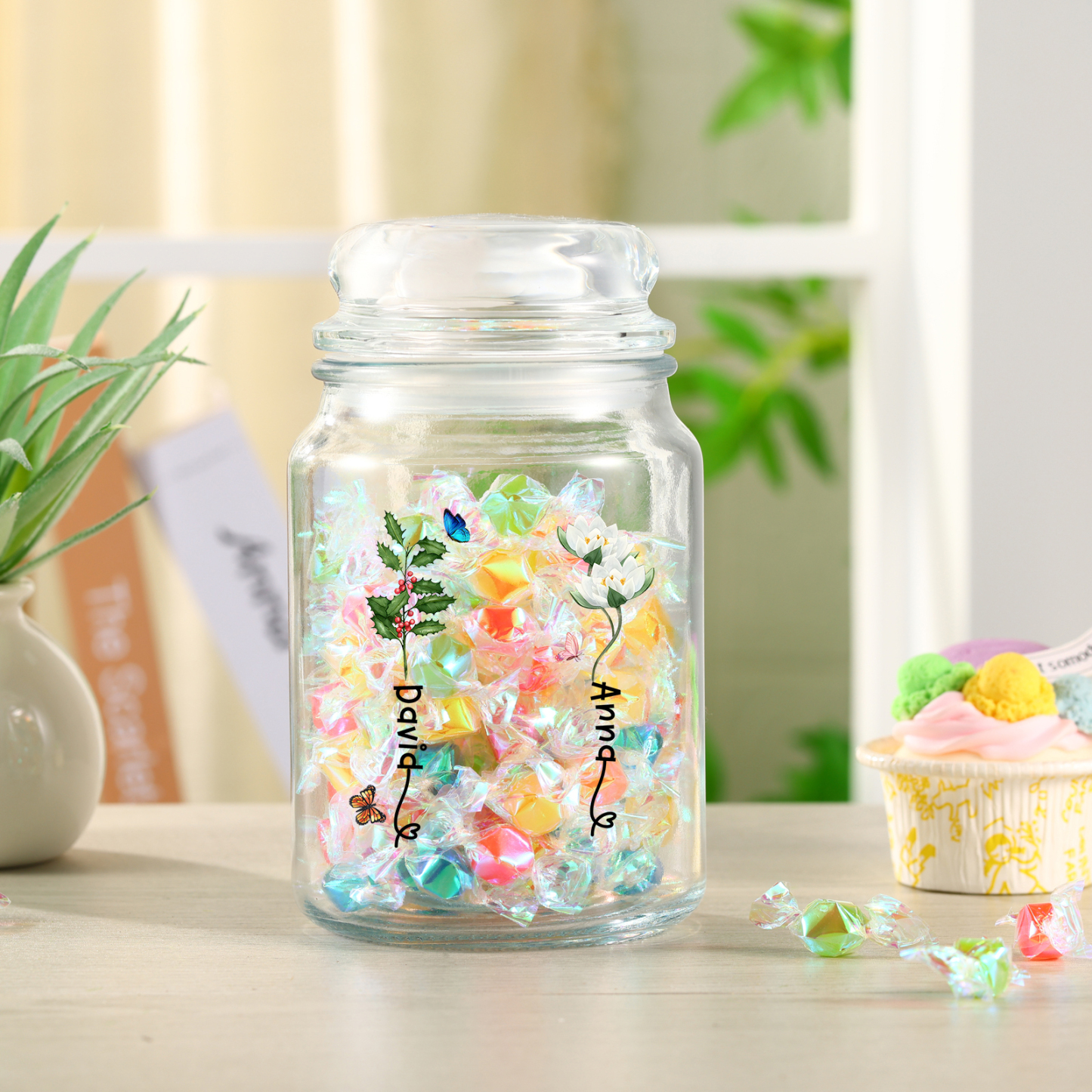 Personalized Candy Jar Customized 2 to 6 Names and Birth Flowers Gift for Family