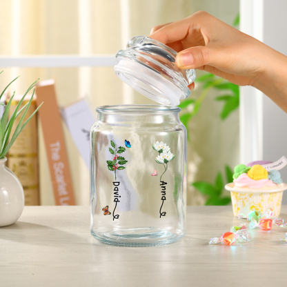 Personalized Candy Jar Customized 2 to 6 Names and Birth Flowers Gift for Family
