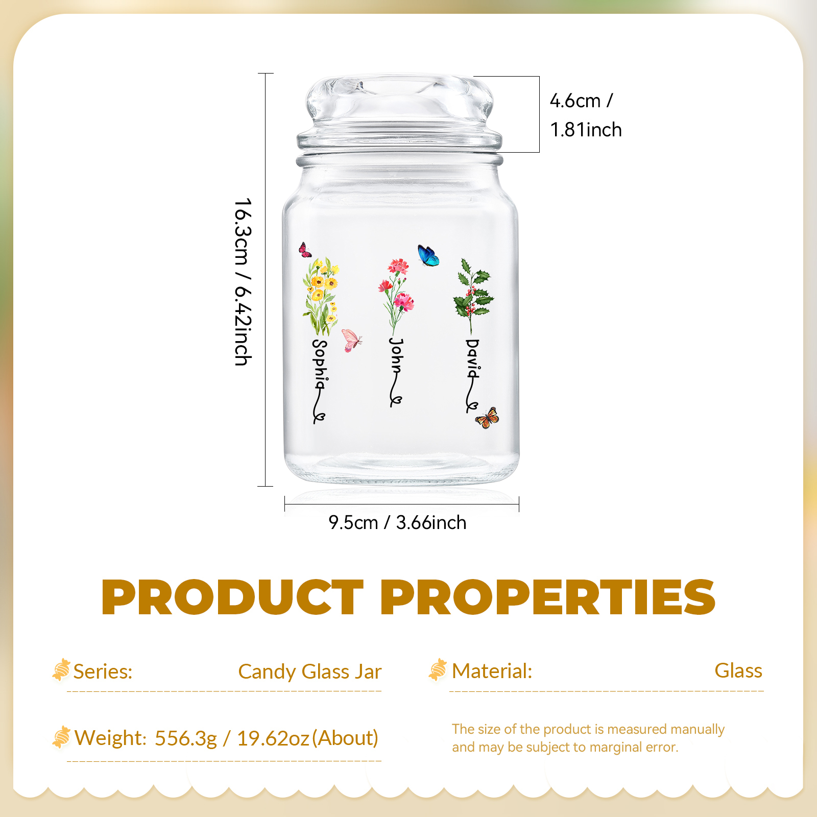 Personalized Candy Jar Customized 2 to 6 Names and Birth Flowers Gift for Family