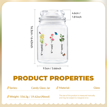 Personalized Candy Jar Customized 2 to 6 Names and Birth Flowers Gift for Family