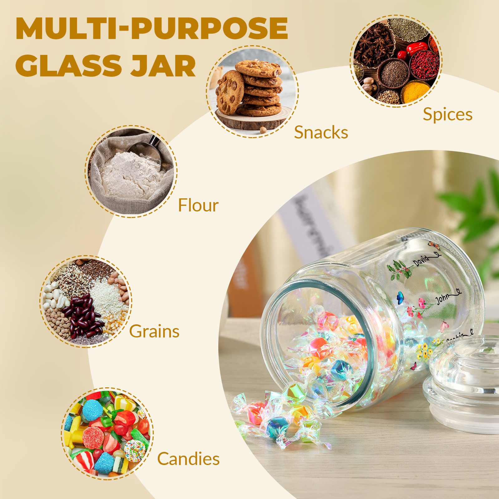 Personalized Candy Jar Customized 2 to 6 Names and Birth Flowers Gift for Family