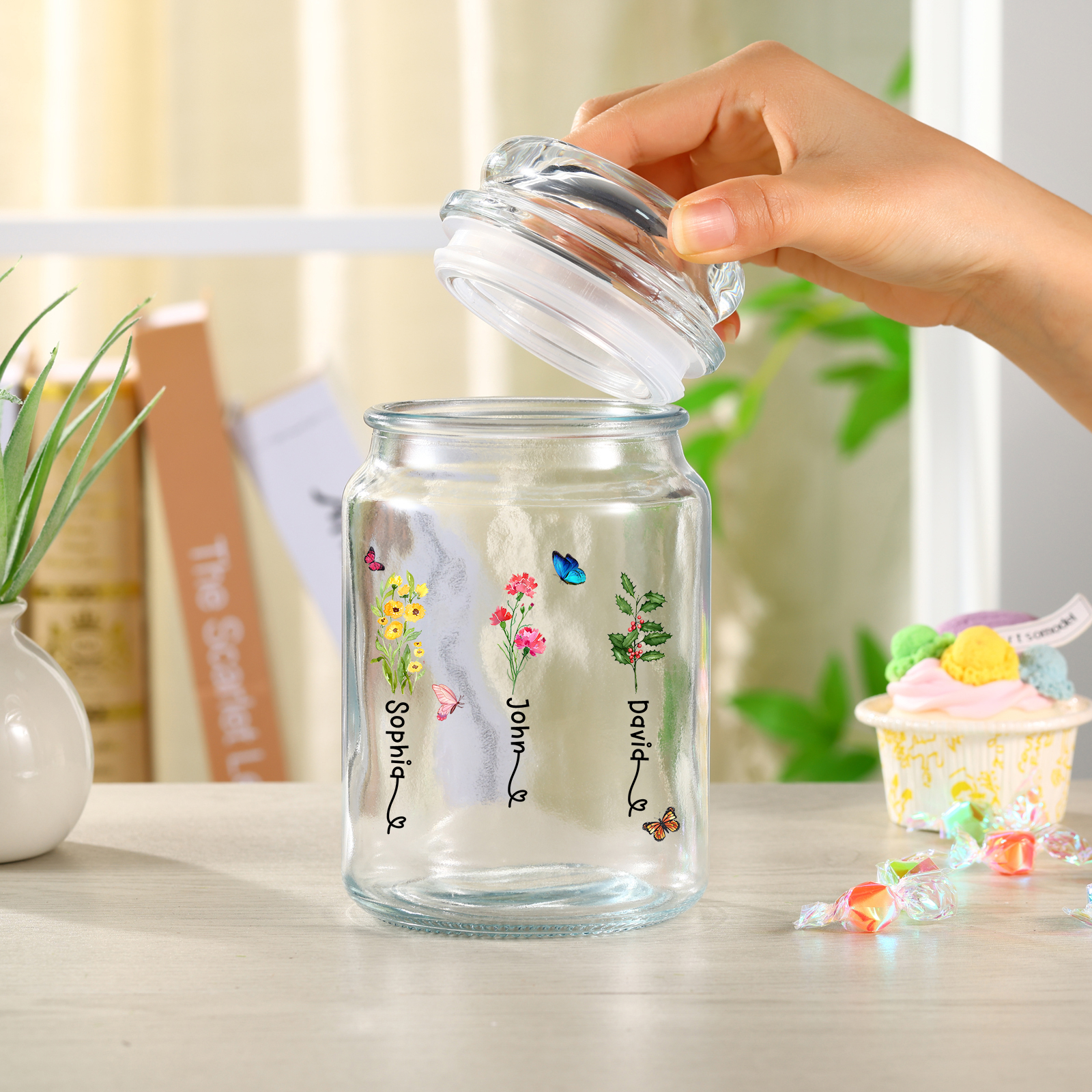 Personalized Candy Jar Customized 2 to 6 Names and Birth Flowers Gift for Family