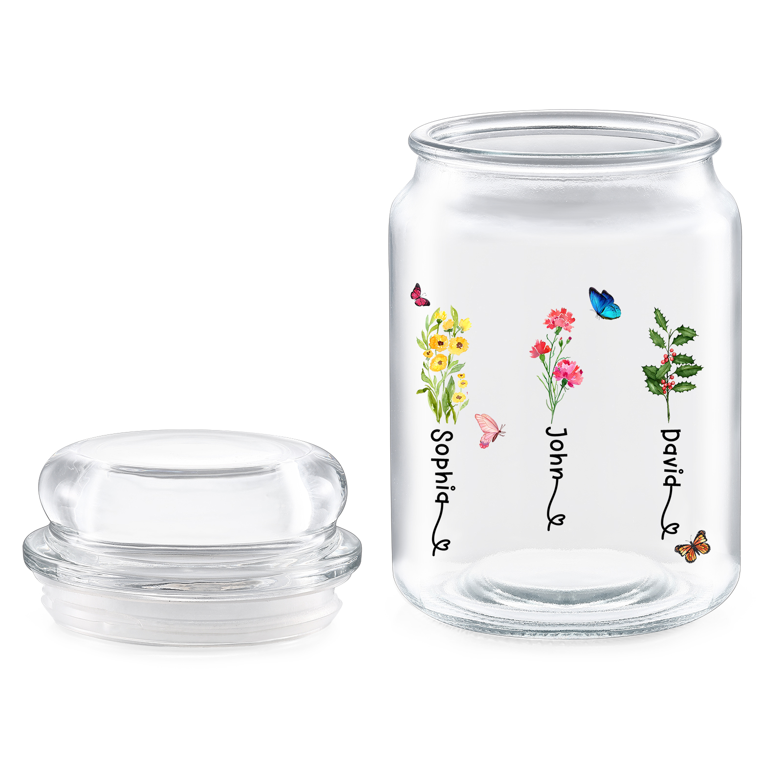 Personalized Candy Jar Customized 2 to 6 Names and Birth Flowers Gift for Family
