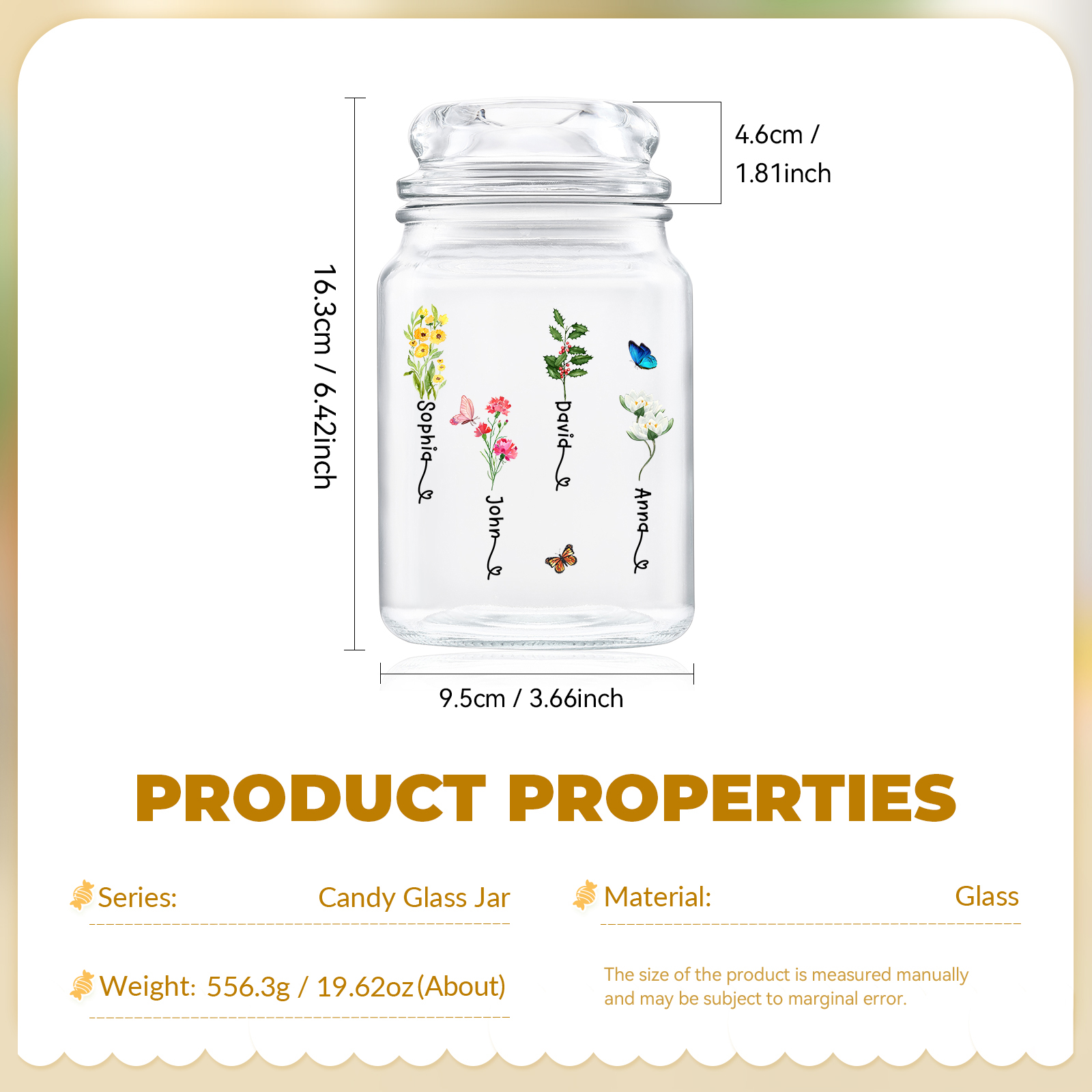 Personalized Candy Jar Customized 2 to 6 Names and Birth Flowers Gift for Family