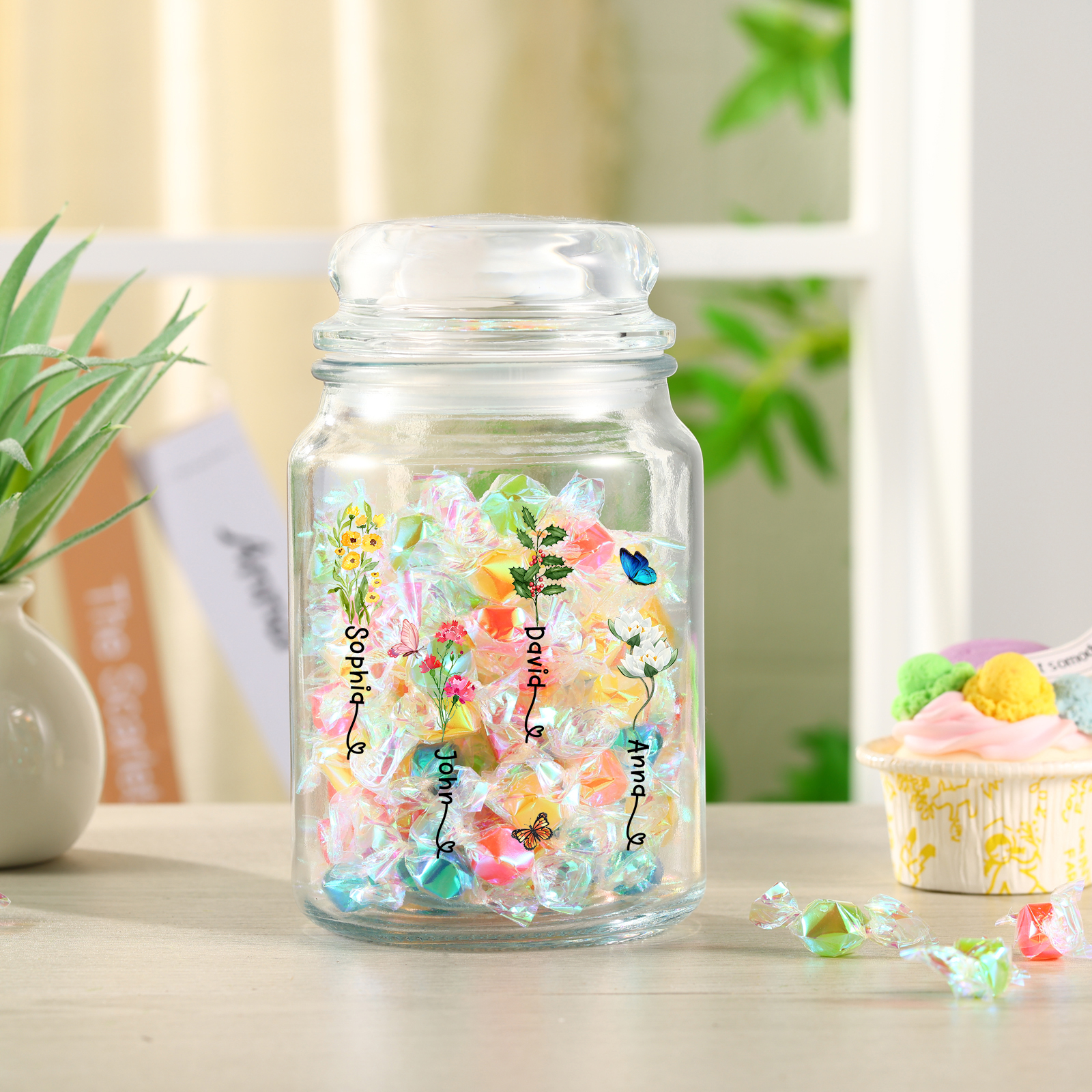 Personalized Candy Jar Customized 2 to 6 Names and Birth Flowers Gift for Family