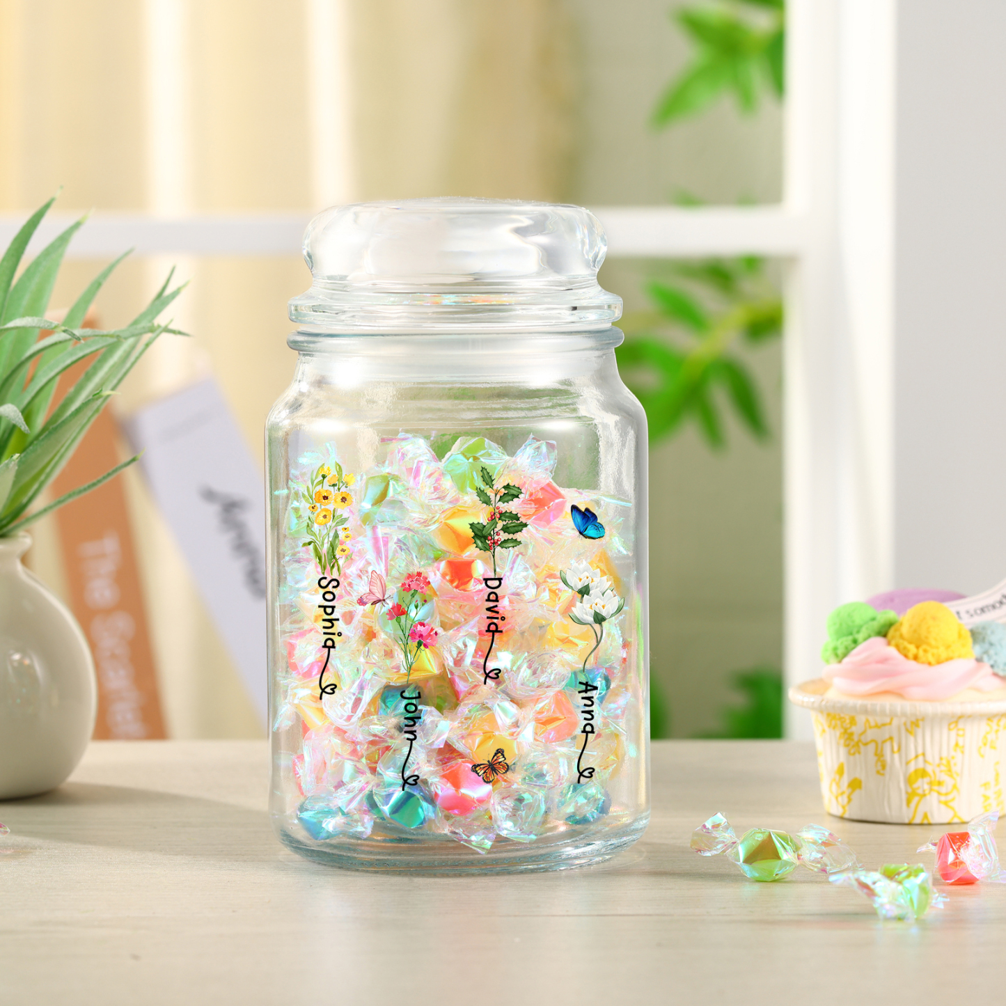 Personalized Candy Jar Customized 2 to 6 Names and Birth Flowers Gift for Family