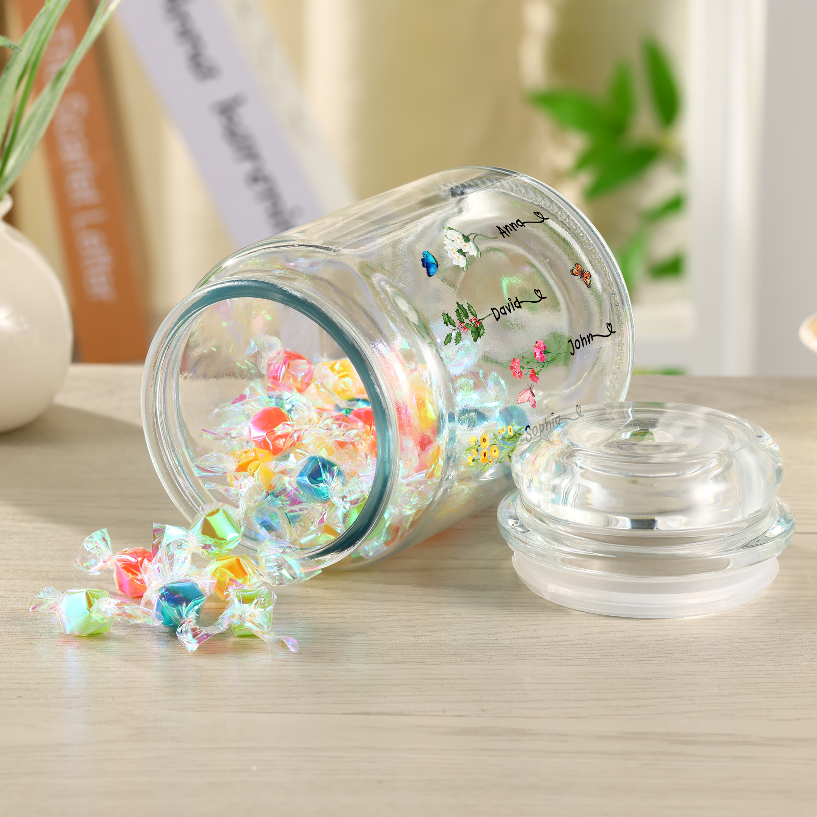 Personalized Candy Jar Customized 2 to 6 Names and Birth Flowers Gift for Family