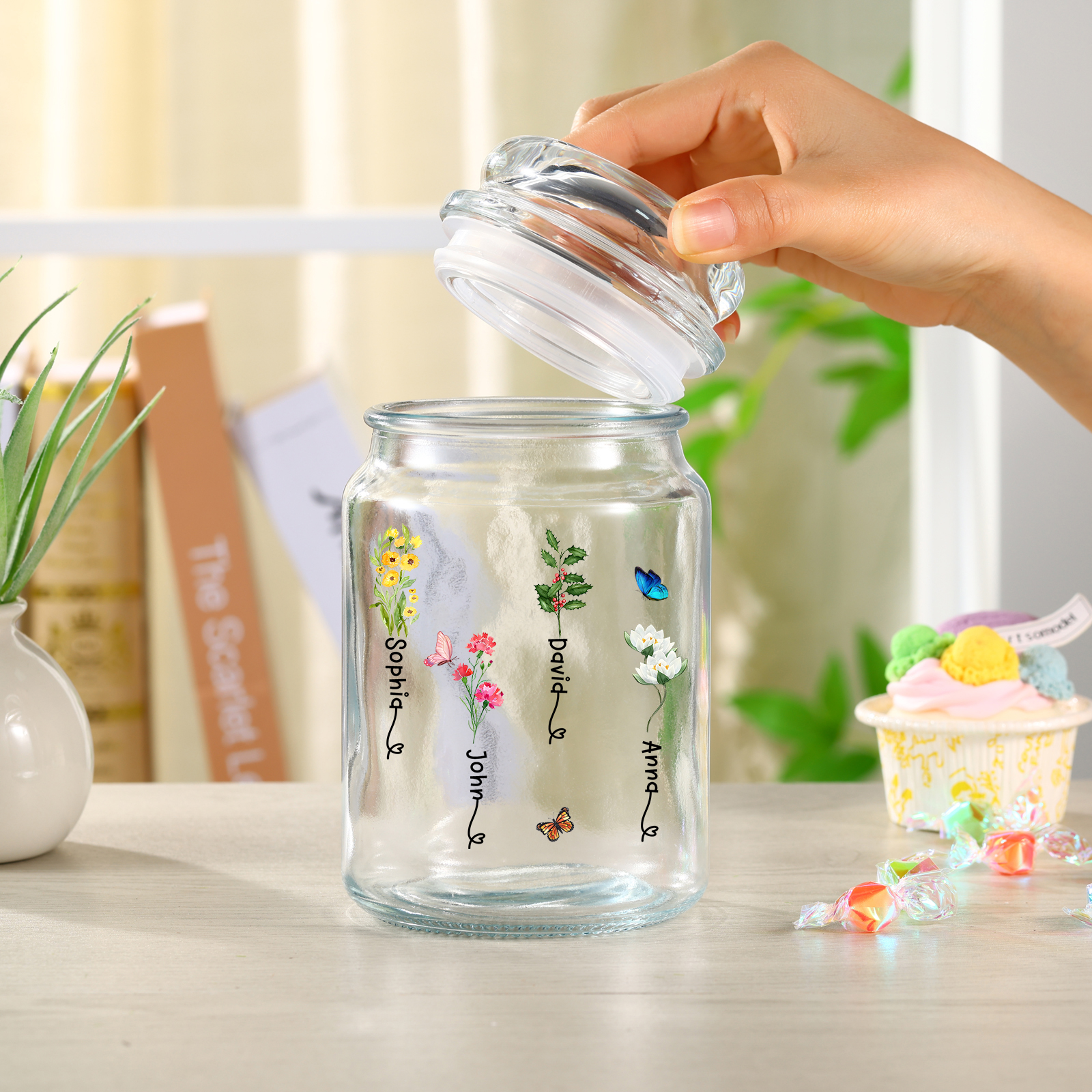 Personalized Candy Jar Customized 2 to 6 Names and Birth Flowers Gift for Family