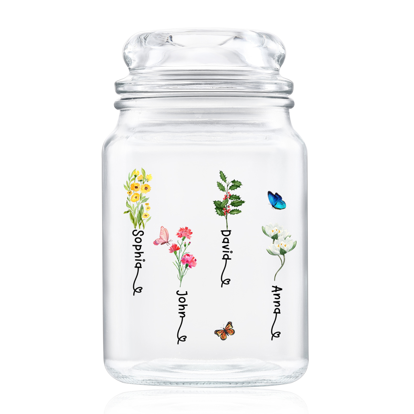 Personalized Candy Jar Customized 2 to 6 Names and Birth Flowers Gift for Family