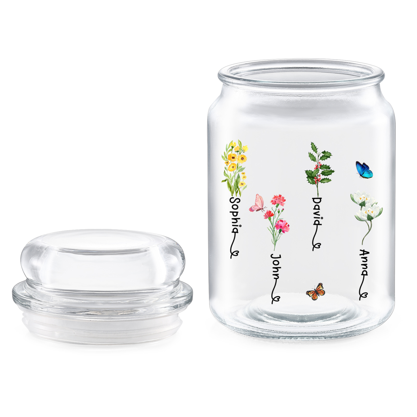 Personalized Candy Jar Customized 2 to 6 Names and Birth Flowers Gift for Family