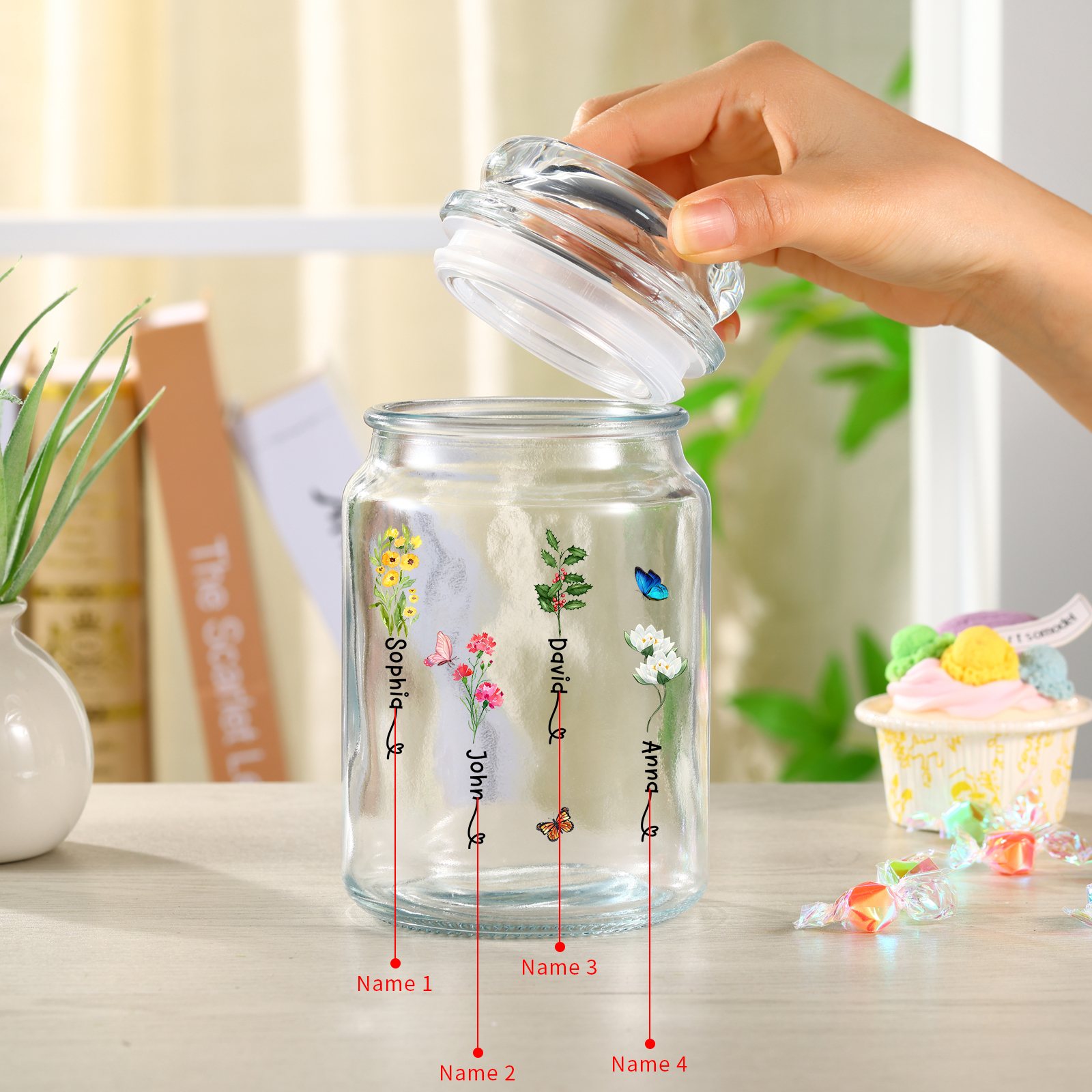 Personalized Candy Jar Customized 2 to 6 Names and Birth Flowers Gift for Family