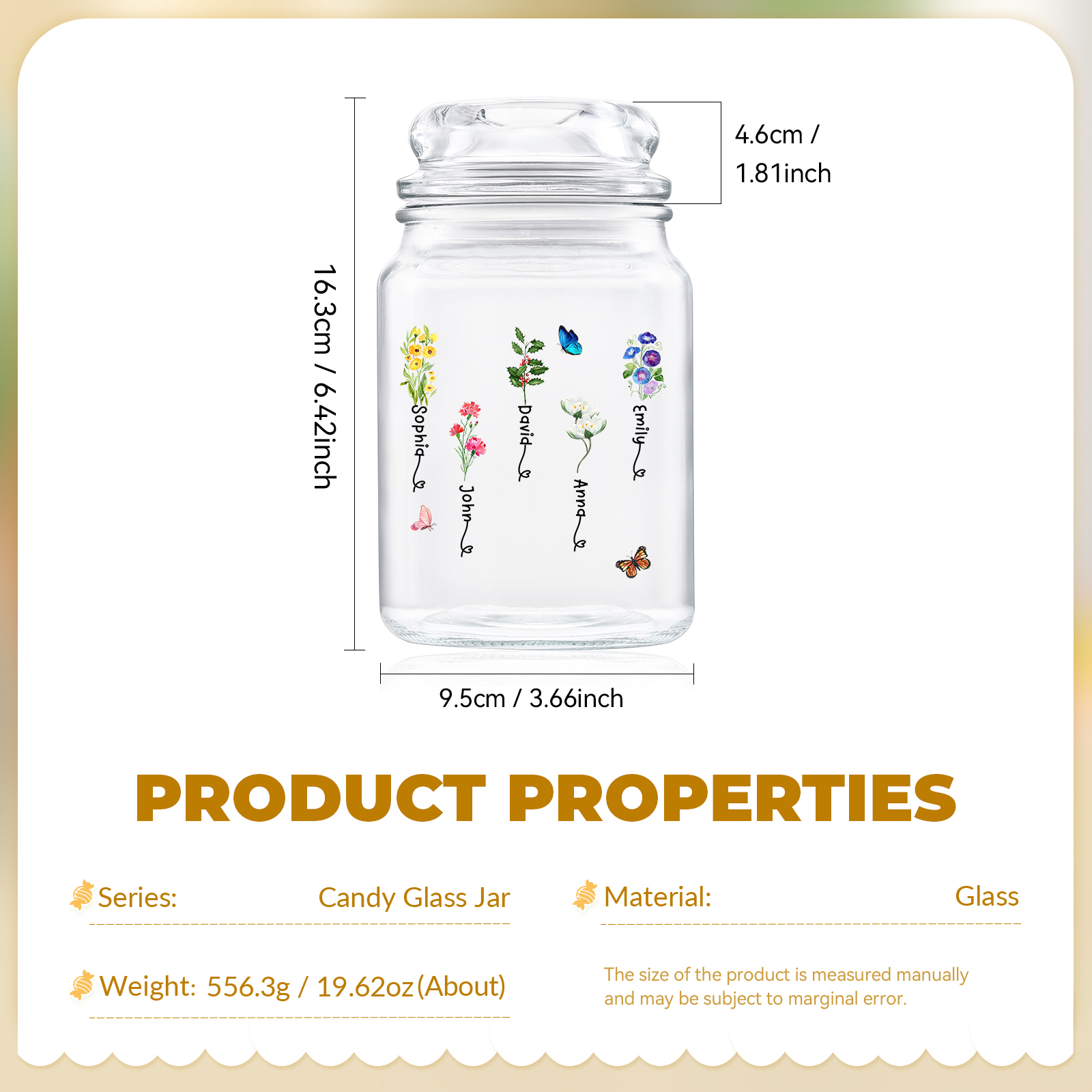 Personalized Candy Jar Customized 2 to 6 Names and Birth Flowers Gift for Family