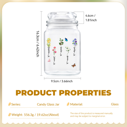 Personalized Candy Jar Customized 2 to 6 Names and Birth Flowers Gift for Family