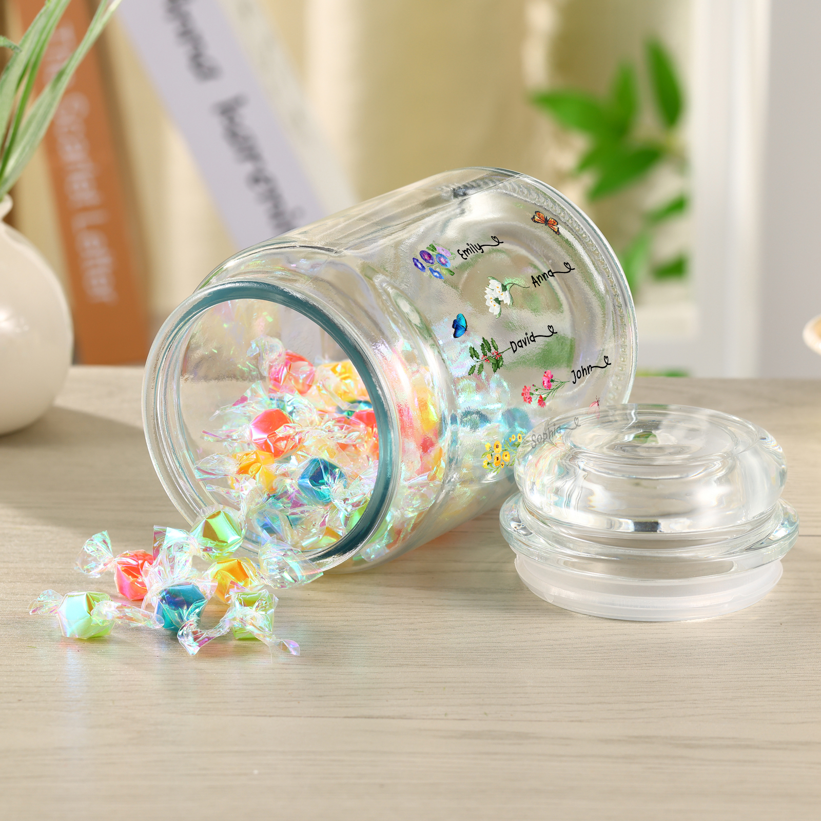 Personalized Candy Jar Customized 2 to 6 Names and Birth Flowers Gift for Family