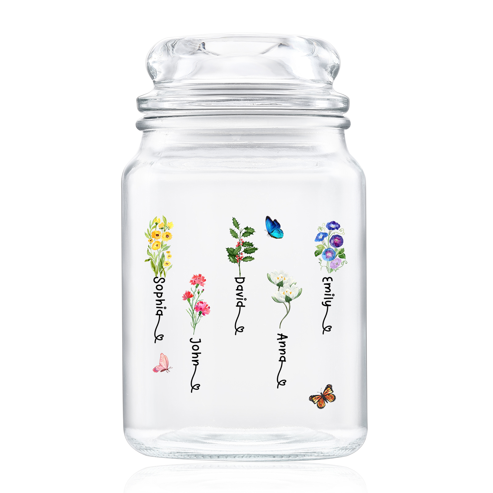 Personalized Candy Jar Customized 2 to 6 Names and Birth Flowers Gift for Family