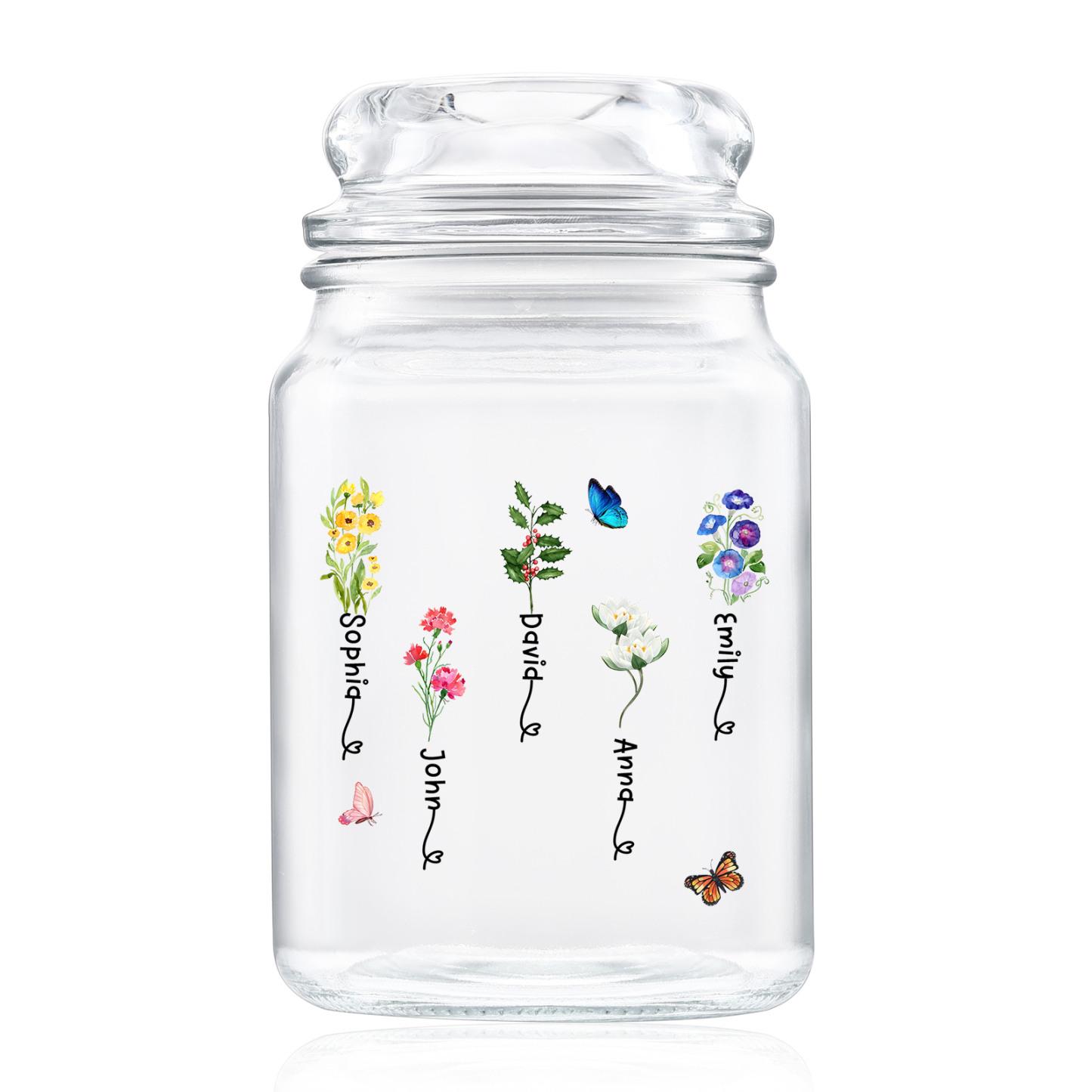 Personalized Candy Jar Customized 2 to 6 Names and Birth Flowers Gift for Family