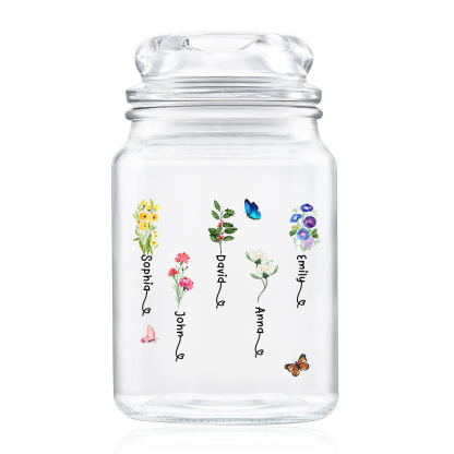 Personalized Candy Jar Customized 2 to 6 Names and Birth Flowers Gift for Family