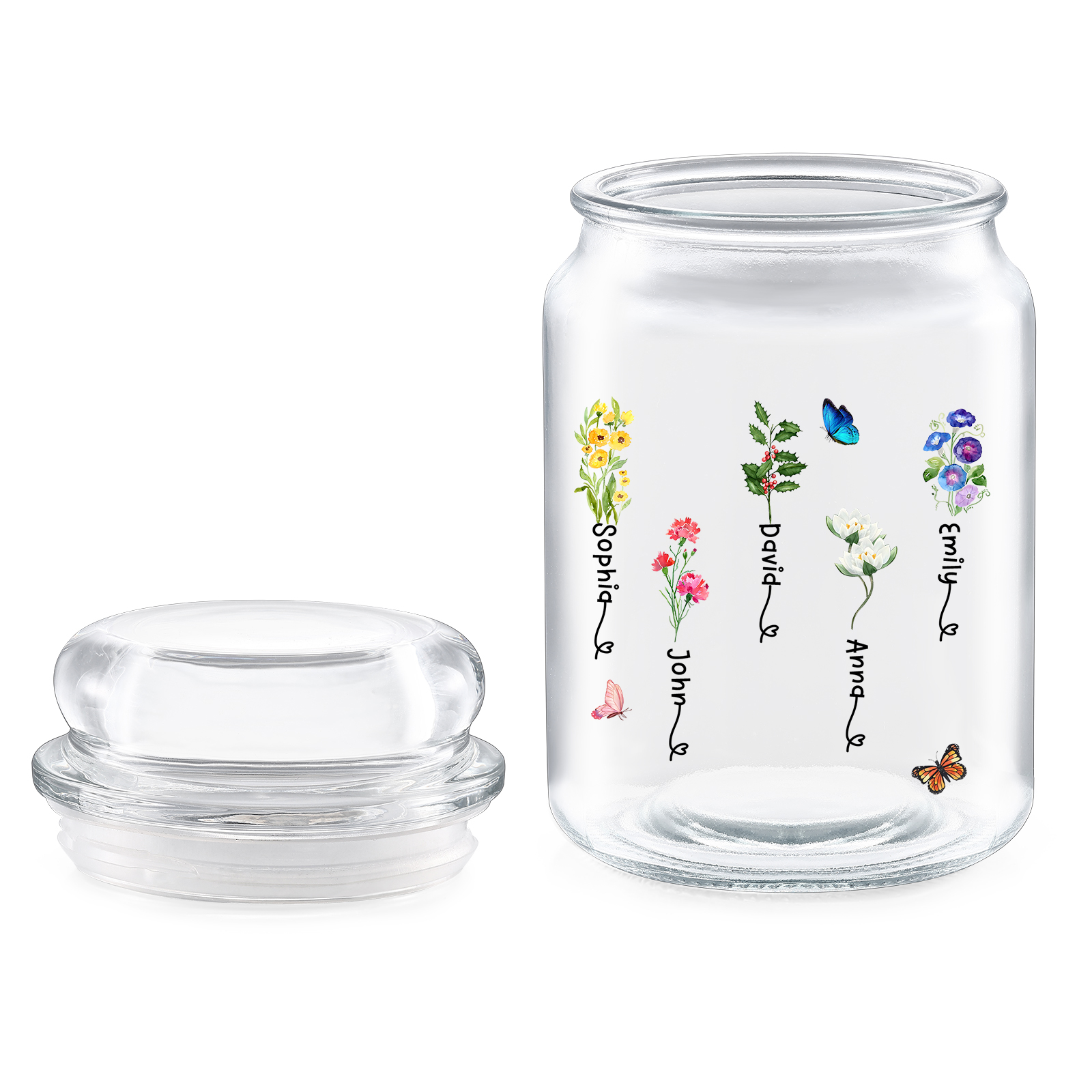 Personalized Candy Jar Customized 2 to 6 Names and Birth Flowers Gift for Family