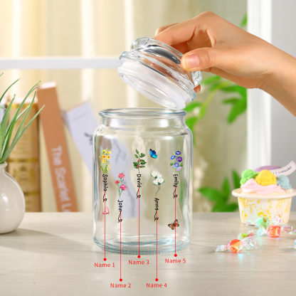 Personalized Candy Jar Customized 2 to 6 Names and Birth Flowers Gift for Family