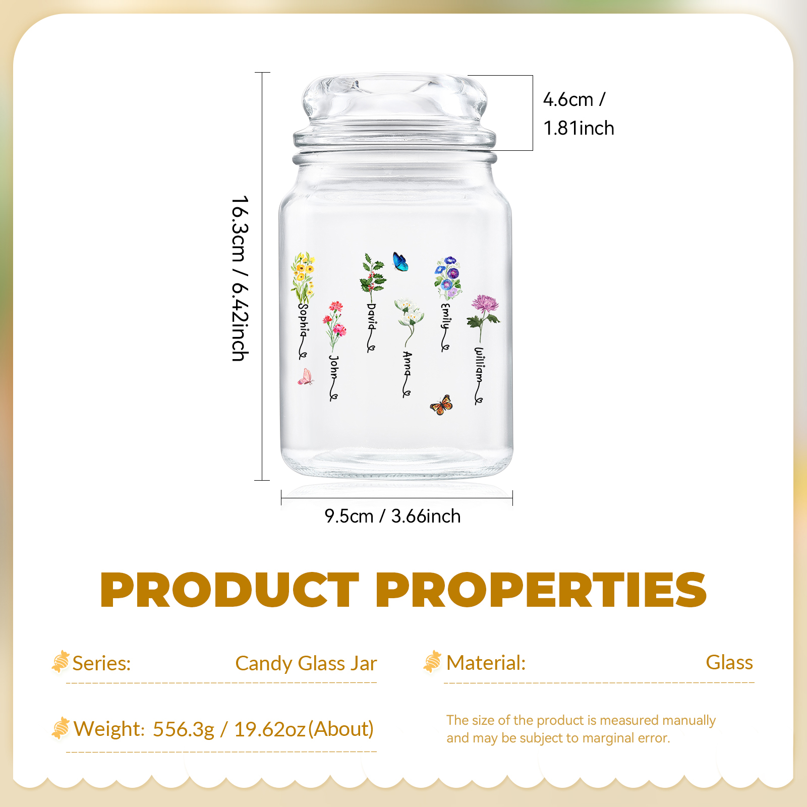 Personalized Candy Jar Customized 2 to 6 Names and Birth Flowers Gift for Family