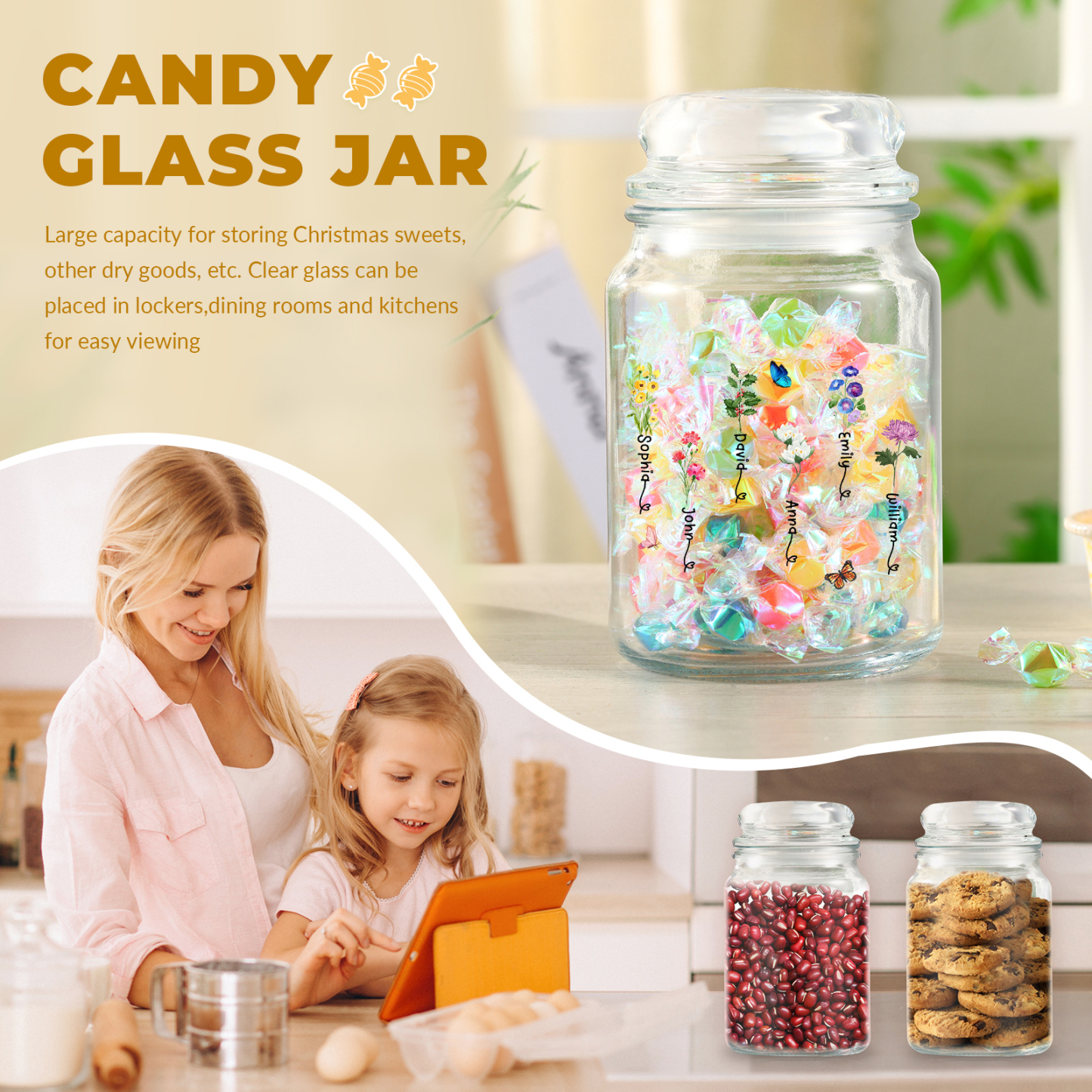 Personalized Candy Jar Customized 2 to 6 Names and Birth Flowers Gift for Family