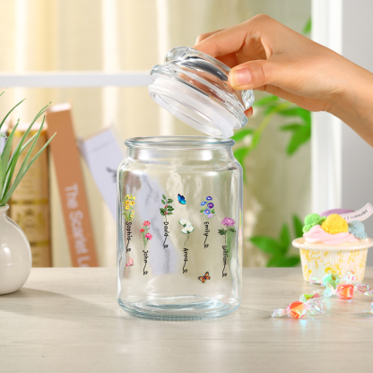 Personalized Candy Jar Customized 2 to 6 Names and Birth Flowers Gift for Family