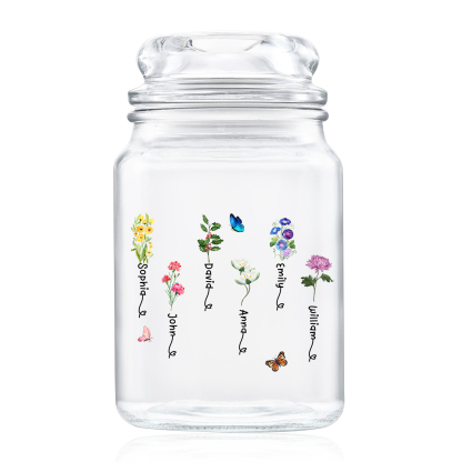 Personalized Candy Jar Customized 2 to 6 Names and Birth Flowers Gift for Family