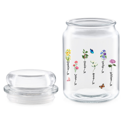 Personalized Candy Jar Customized 2 to 6 Names and Birth Flowers Gift for Family