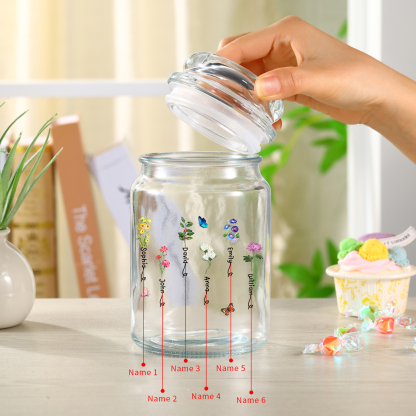Personalized Candy Jar Customized 2 to 6 Names and Birth Flowers Gift for Family