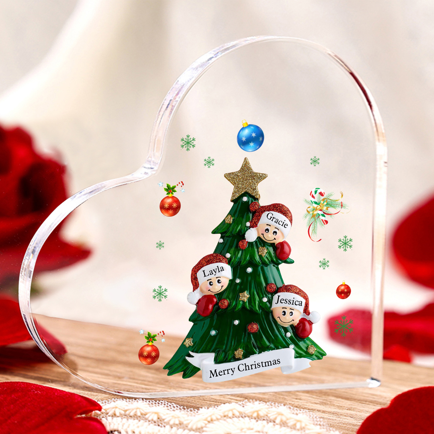 Personalized Christmas Heart Shape Plaque with Custom 2-8 Names & Text Festive Family Acrylic Keepsake