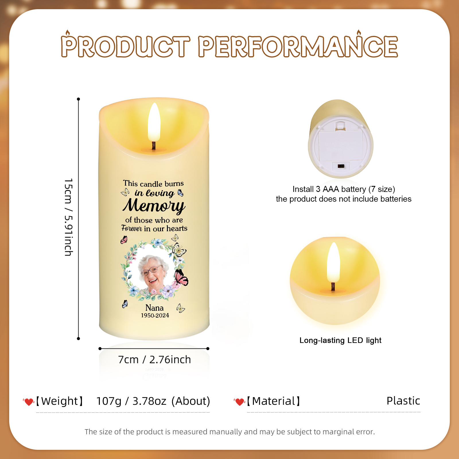 Personalized LED Memorial Candle Butterfly Design with 1 Photo Name & Date Tribute