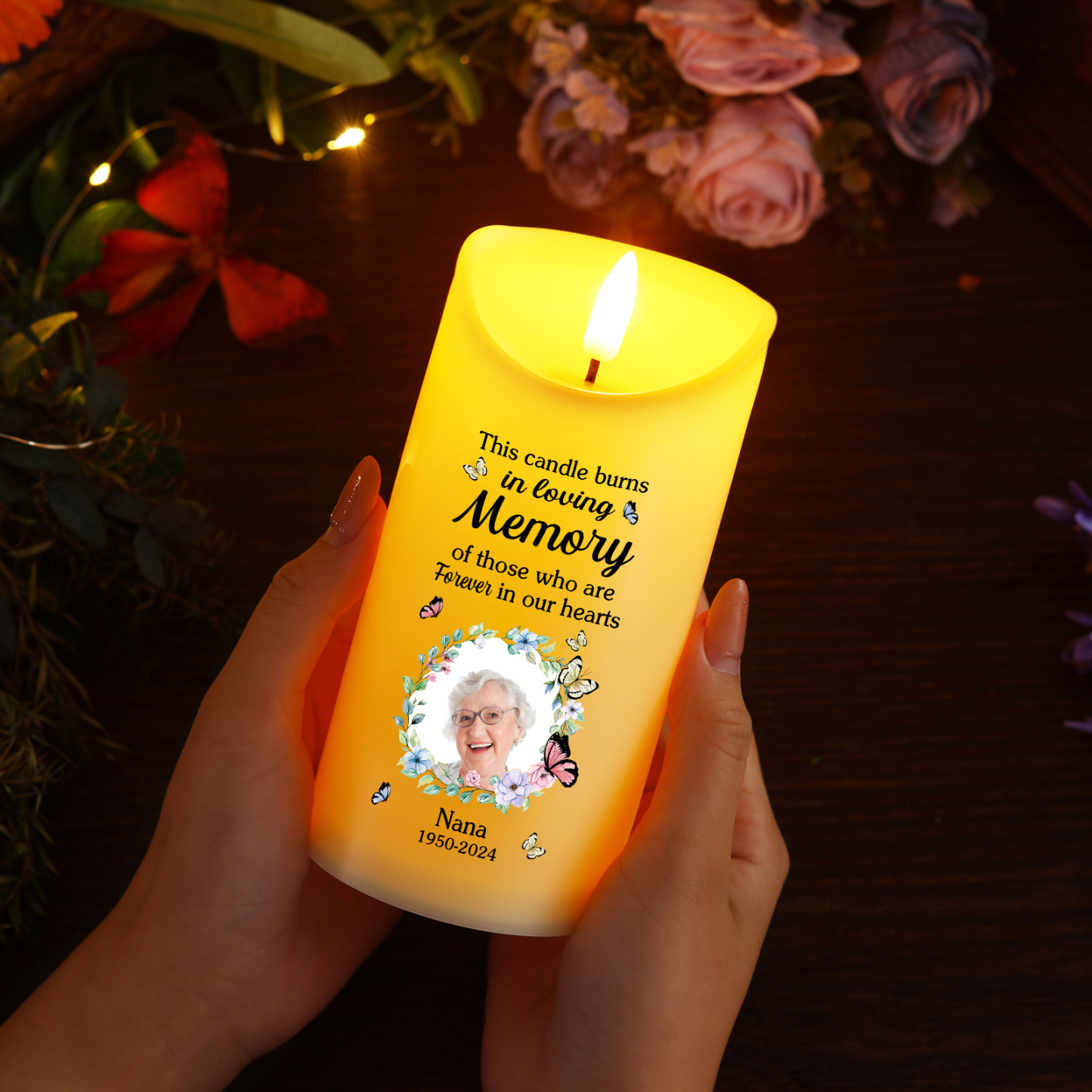 Personalized LED Memorial Candle Butterfly Design with 1 Photo Name & Date Tribute