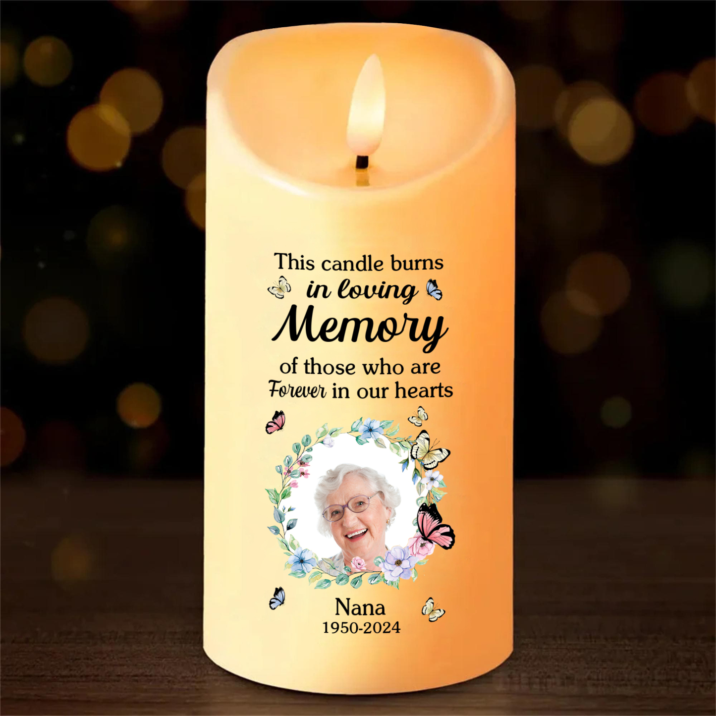 Personalized LED Memorial Candle Butterfly Design with 1 Photo Name & Date Tribute