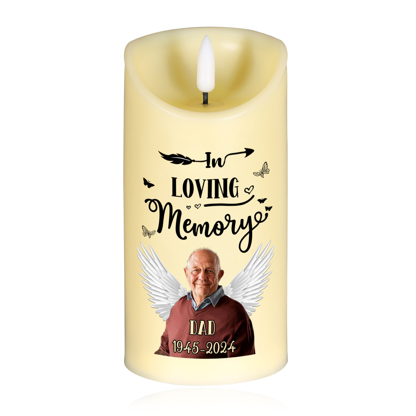 Light Remains Forever Personalized 1 Photo 1 Name 1 Date LED Memorial Candle Angel Wings Tribute for Cherished Memories