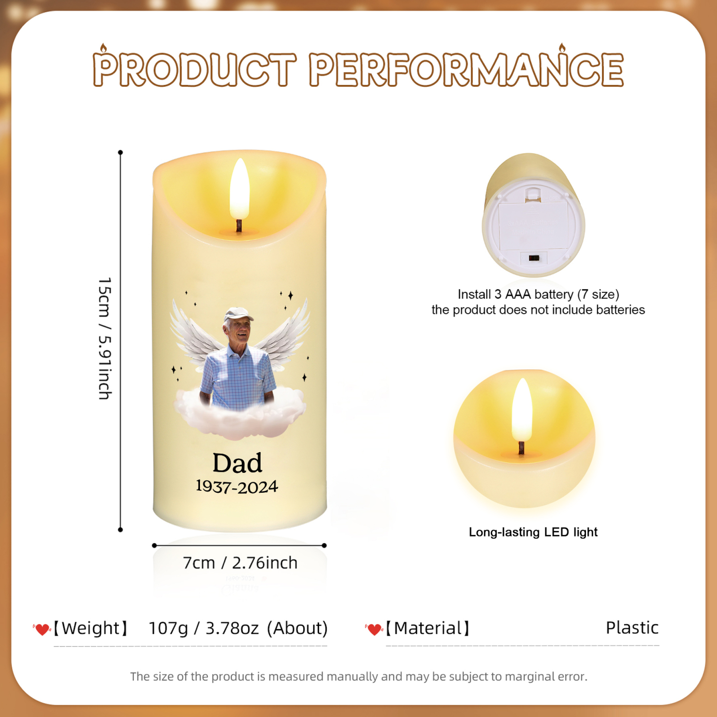 Your light will always shine in my heart Personalized LED Memorial Candle Angel Wings Design with 1 Photo Name & Date