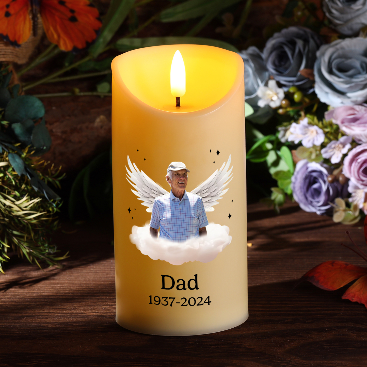 Your light will always shine in my heart Personalized LED Memorial Candle Angel Wings Design with 1 Photo Name & Date