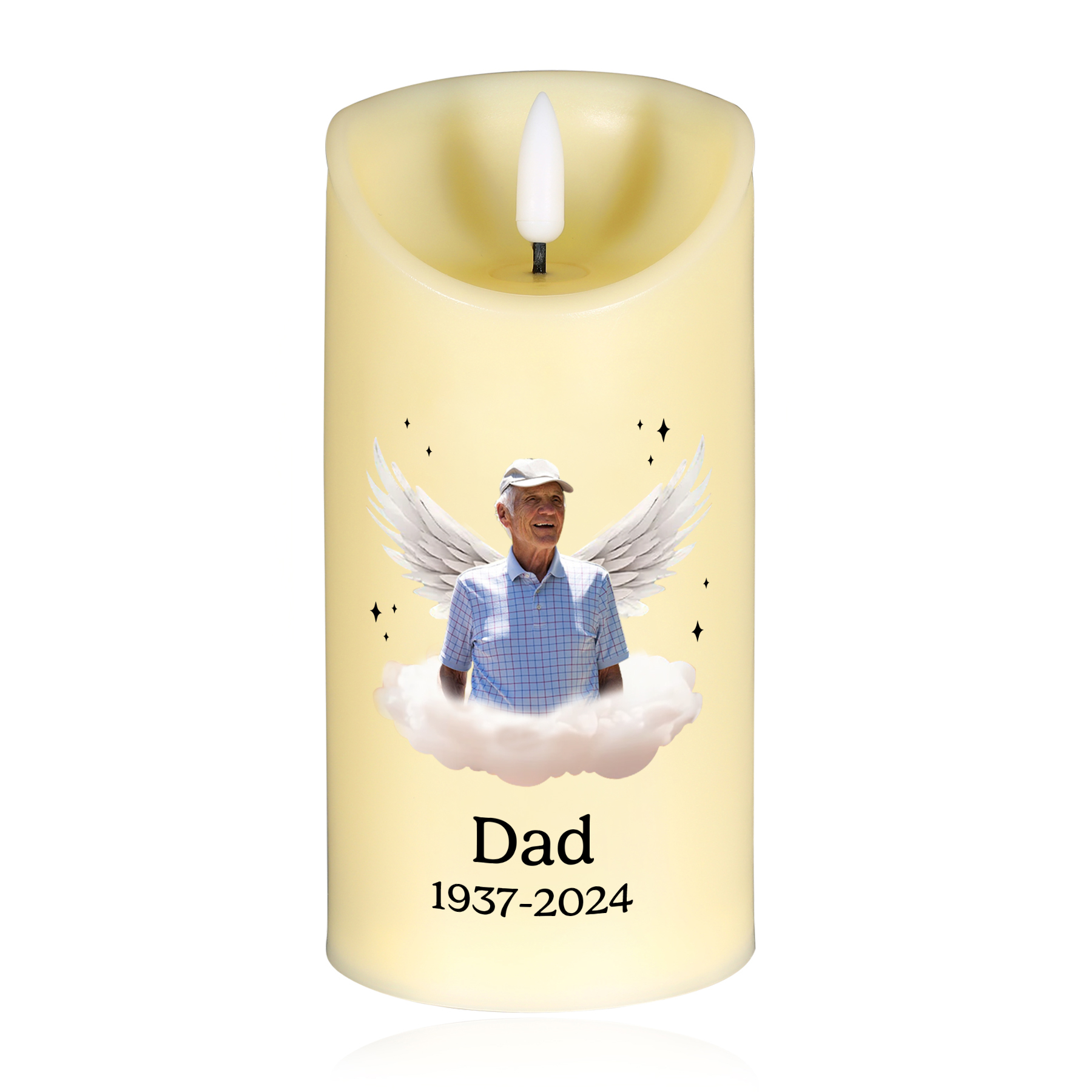 Your light will always shine in my heart Personalized LED Memorial Candle Angel Wings Design with 1 Photo Name & Date