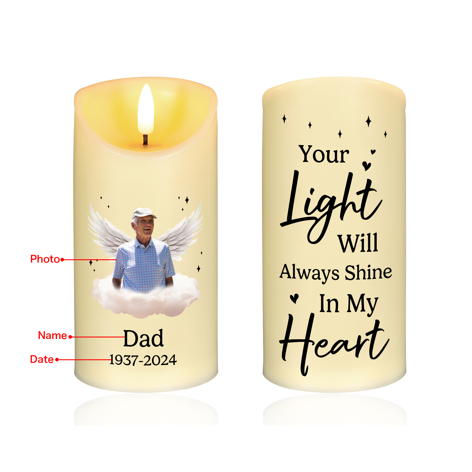 Your light will always shine in my heart Personalized LED Memorial Candle Angel Wings Design with 1 Photo Name & Date