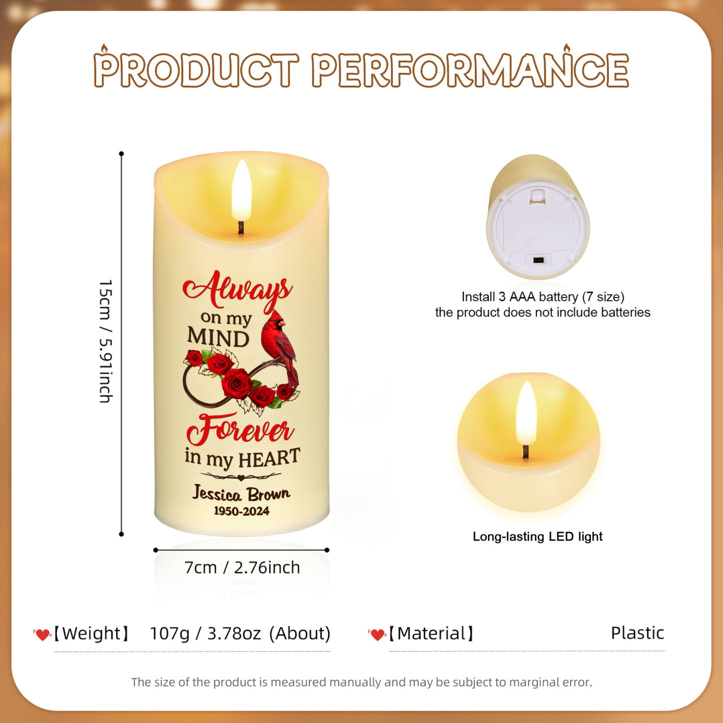 Personalized Cardinal & Infinity LED Candle Custom Name & Year Christmas Gift